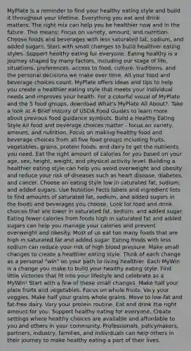 MyPlate is a reminder to find your healthy eating style and build it throughout your lifetime. Everything you eat and drink matters. The right mix can help you be healthier now and in the future. This means: Focus on variety, amount, and nutrition. Choose foods and beverages with less saturated fat, sodium, and added sugars. Start with small changes to build healthier eating styles. Support healthy eating for everyone. Eating healthy is a journey shaped by many factors, including our stage of life, situations, preferences, access to food, culture, traditions, and the personal decisions we make over time. All your food and beverage choices count. MyPlate offers ideas and tips to help you create a healthier eating style that meets your individual needs and improves your health. For a colorful visual of MyPlate and the 5 food groups, download What's MyPlate All About?. Take a look at A Brief History of USDA Food Guides to learn more about previous food guidance symbols. Build a Healthy Eating Style All food and beverage choices matter - focus on variety, amount, and nutrition. Focus on making healthy food and beverage choices from all five food groups including fruits, vegetables, grains, protein foods, and dairy to get the nutrients you need. Eat the right amount of calories for you based on your age, sex, height, weight, and physical activity level. Building a healthier eating style can help you avoid overweight and obesity and reduce your risk of diseases such as heart disease, diabetes, and cancer. Choose an eating style low in saturated fat, sodium, and added sugars. Use Nutrition Facts labels and ingredient lists to find amounts of saturated fat, sodium, and added sugars in the foods and beverages you choose. Look for food and drink choices that are lower in saturated fat, sodium, and added sugar. Eating fewer calories from foods high in saturated fat and added sugars can help you manage your calories and prevent overweight and obesity. Most of us eat too many foods that are high in saturated fat and added sugar. Eating foods with less sodium can reduce your risk of high blood pressure. Make small changes to create a healthier eating style. Think of each change as a personal "win" on your path to living healthier. Each MyWin is a change you make to build your healthy eating style. Find little victories that fit into your lifestyle and celebrate as a MyWin! Start with a few of these small changes. Make half your plate fruits and vegetables. Focus on whole fruits. Vary your veggies. Make half your grains whole grains. Move to low-fat and fat-free dairy. Vary your protein routine. Eat and drink the right amount for you. Support healthy eating for everyone. Create settings where healthy choices are available and affordable to you and others in your community. Professionals, policymakers, partners, industry, families, and individuals can help others in their journey to make healthy eating a part of their lives.