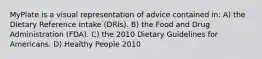 MyPlate is a visual representation of advice contained in: A) the Dietary Reference Intake (DRIs). B) the Food and Drug Administration (FDA). C) the 2010 Dietary Guidelines for Americans. D) Healthy People 2010