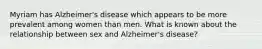 Myriam has Alzheimer's disease which appears to be more prevalent among women than men. What is known about the relationship between sex and Alzheimer's disease?