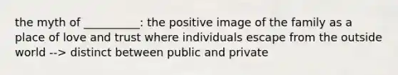 the myth of __________: the positive image of the family as a place of love and trust where individuals escape from the outside world --> distinct between public and private