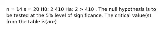 n = 14 s = 20 H0: 2 410 Ha: 2 > 410 . The null hypothesis is to be tested at the 5% level of significance. The critical value(s) from the table is(are)