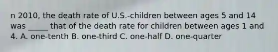 n 2010, the death rate of U.S.-children between ages 5 and 14 was _____ that of the death rate for children between ages 1 and 4. A. one-tenth B. one-third C. one-half D. one-quarter