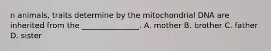 n animals, traits determine by the mitochondrial DNA are inherited from the _______________. A. mother B. brother C. father D. sister