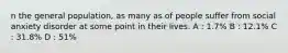 n the general population, as many as of people suffer from social anxiety disorder at some point in their lives. A : 1.7% B : 12.1% C : 31.8% D : 51%