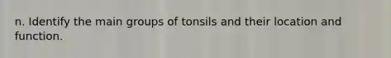 n. Identify the main groups of tonsils and their location and function.