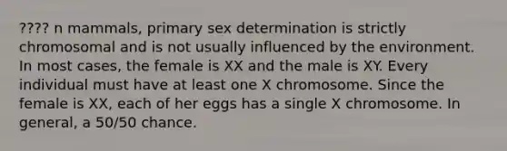 ???? n mammals, primary sex determination is strictly chromosomal and is not usually influenced by the environment. In most cases, the female is XX and the male is XY. Every individual must have at least one X chromosome. Since the female is XX, each of her eggs has a single X chromosome. In general, a 50/50 chance.