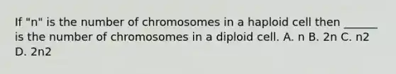 If "n" is the number of chromosomes in a haploid cell then ______ is the number of chromosomes in a diploid cell. A. n B. 2n C. n2 D. 2n2