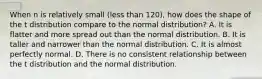 When n is relatively small (less than 120), how does the shape of the t distribution compare to the normal distribution? A. It is flatter and more spread out than the normal distribution. B. It is taller and narrower than the normal distribution. C. It is almost perfectly normal. D. There is no consistent relationship between the t distribution and the normal distribution.