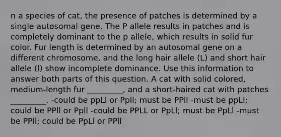 n a species of cat, the presence of patches is determined by a single autosomal gene. The P allele results in patches and is completely dominant to the p allele, which results in solid fur color. Fur length is determined by an autosomal gene on a different chromosome, and the long hair allele (L) and short hair allele (l) show incomplete dominance. Use this information to answer both parts of this question. A cat with solid colored, medium-length fur _________, and a short-haired cat with patches _________. -could be ppLl or Ppll; must be PPll -must be ppLl; could be PPll or Ppll -could be PPLL or PpLl; must be PpLl -must be PPll; could be PpLl or PPll