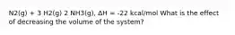 N2(g) + 3 H2(g) 2 NH3(g), ΔH = -22 kcal/mol What is the effect of decreasing the volume of the system?