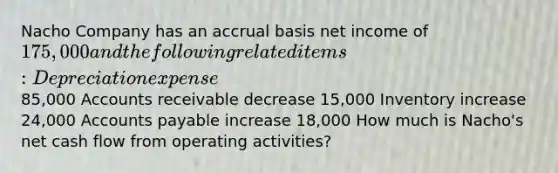 Nacho Company has an accrual basis net income of 175,000 and the following related items: Depreciation expense85,000 Accounts receivable decrease 15,000 Inventory increase 24,000 Accounts payable increase 18,000 How much is Nacho's net cash flow from operating activities?