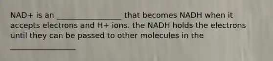 NAD+ is an _________________ that becomes NADH when it accepts electrons and H+ ions. the NADH holds the electrons until they can be passed to other molecules in the _________________