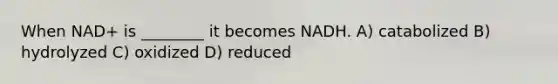 When NAD+ is ________ it becomes NADH. A) catabolized B) hydrolyzed C) oxidized D) reduced