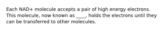 Each NAD+ molecule accepts a pair of high energy electrons. This molecule, now known as ____, holds the electrons until they can be transferred to other molecules.