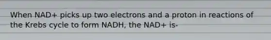 When NAD+ picks up two electrons and a proton in reactions of the <a href='https://www.questionai.com/knowledge/kqfW58SNl2-krebs-cycle' class='anchor-knowledge'>krebs cycle</a> to form NADH, the NAD+ is-