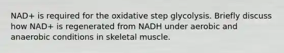 NAD+ is required for the oxidative step glycolysis. Briefly discuss how NAD+ is regenerated from NADH under aerobic and anaerobic conditions in skeletal muscle.