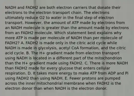 NADH and FADH2 are both electron carriers that donate their electrons to <a href='https://www.questionai.com/knowledge/k57oGBr0HP-the-electron-transport-chain' class='anchor-knowledge'>the electron transport chain</a>. The electrons ultimately reduce O2 to water in the final step of electron transport. However, the amount of ATP made by electrons from an NADH molecule is greater than the amount made by electrons from an FADH2 molecule. Which statement best explains why more ATP is made per molecule of NADH than per molecule of FADH2? A. FADH2 is made only in the citric acid cycle while NADH is made in glycolysis, acetyl CoA formation, and the citric acid cycle. B. The H+ gradient made from electron transport using NADH is located in a different part of the mitochondrion than the H+ gradient made using FADH2. C. There is more NADH than FADH2 made for every glucose that enters <a href='https://www.questionai.com/knowledge/k1IqNYBAJw-cellular-respiration' class='anchor-knowledge'>cellular respiration</a>. D. It takes more energy to make ATP from ADP and Pi using FADH2 than using NADH. E. Fewer protons are pumped across the inner mitochondrial membrane when FADH2 is the electron donor than when NADH is the electron donor.