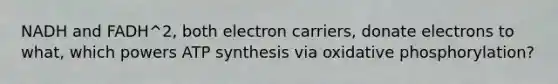 NADH and FADH^2, both electron carriers, donate electrons to what, which powers ATP synthesis via oxidative phosphorylation?