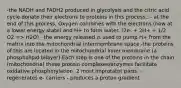 -the NADH and FADH2 produced in glycolysis and the citric acid cycle donate their electrons to proteins in this process.. - at the end of this process, Oxygen combines with the electrons (now at a lower energy state) and H+ to form water. (2e- + 2H+ + 1/2 O2 => H2O) - the energy released is used to pump H+ from the matrix into the mitochondrial intermembrane space -the proteins of this are located in the mitochondrial inner membrane (a phospholipid bilayer) Each step is one of the proteins in the chain (mitochondria) these protein complexes/enzymes facilitate oxidative phosphorylation. 2 most improtatnt parts: - regenerates e- carriers - produces a proton gradient