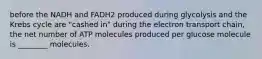 before the NADH and FADH2 produced during glycolysis and the Krebs cycle are "cashed in" during the electron transport chain, the net number of ATP molecules produced per glucose molecule is ________ molecules.