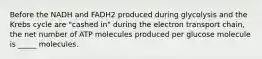 Before the NADH and FADH2 produced during glycolysis and the Krebs cycle are "cashed in" during the electron transport chain, the net number of ATP molecules produced per glucose molecule is _____ molecules.