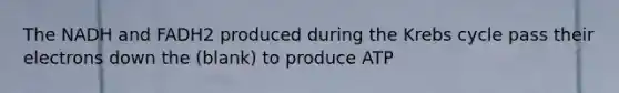 The NADH and FADH2 produced during the <a href='https://www.questionai.com/knowledge/kqfW58SNl2-krebs-cycle' class='anchor-knowledge'>krebs cycle</a> pass their electrons down the (blank) to produce ATP