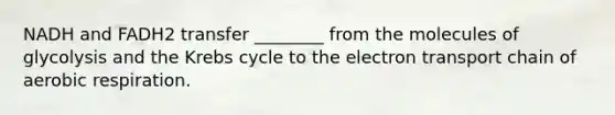 NADH and FADH2 transfer ________ from the molecules of glycolysis and the Krebs cycle to the electron transport chain of aerobic respiration.