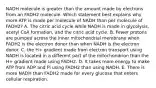 NADH molecule is greater than the amount made by electrons from an FADH2 molecule. Which statement best explains why more ATP is made per molecule of NADH than per molecule of FADH2? A. The citric acid cycle while NADH is made in glycolysis, acetyl CoA formation, and the citric acid cycle. B. Fewer protons are pumped across the inner mitochondrial membrane when FADH2 is the electron donor than when NADH is the electron donor. C. the H+ gradient made from electron transport using NADH is located in a different part of the mitochondrion than the H+ gradient made using FADH2. D. It takes more energy to make ATP from ADP and Pi using FADH2 than using NADH. E. There is more NADH than FADH2 made for every glucose that enters cellular respiration.