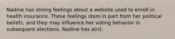 Nadine has strong feelings about a website used to enroll in health insurance. These feelings stem in part from her political beliefs, and they may influence her voting behavior in subsequent elections. Nadine has a(n):