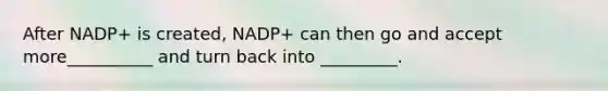 After NADP+ is created, NADP+ can then go and accept more__________ and turn back into _________.