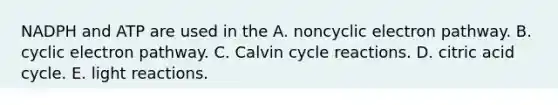 NADPH and ATP are used in the A. noncyclic electron pathway. B. cyclic electron pathway. C. Calvin cycle reactions. D. citric acid cycle. E. light reactions.