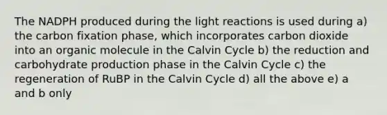 The NADPH produced during the light reactions is used during a) the carbon fixation phase, which incorporates carbon dioxide into an organic molecule in the Calvin Cycle b) the reduction and carbohydrate production phase in the Calvin Cycle c) the regeneration of RuBP in the Calvin Cycle d) all the above e) a and b only