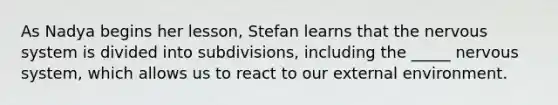 As Nadya begins her lesson, Stefan learns that the nervous system is divided into subdivisions, including the _____ nervous system, which allows us to react to our external environment.