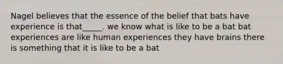 Nagel believes that the essence of the belief that bats have experience is that_____. we know what is like to be a bat bat experiences are like human experiences they have brains there is something that it is like to be a bat