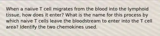 When a naiive T cell migrates from the blood into the lymphoid tissue, how does it enter? What is the name for this process by which naive T cells leave the bloodstream to enter into the T cell area? Identify the two chemokines used.