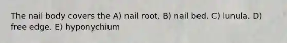 The nail body covers the A) <a href='https://www.questionai.com/knowledge/kBhDErawwu-nail-root' class='anchor-knowledge'>nail root</a>. B) <a href='https://www.questionai.com/knowledge/ktqumd9cun-nail-bed' class='anchor-knowledge'>nail bed</a>. C) lunula. D) free edge. E) hyponychium