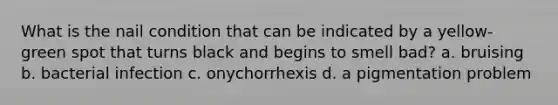 What is the nail condition that can be indicated by a yellow-green spot that turns black and begins to smell bad? a. bruising b. bacterial infection c. onychorrhexis d. a pigmentation problem
