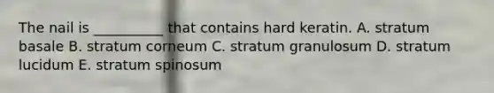 The nail is __________ that contains hard keratin. A. stratum basale B. stratum corneum C. stratum granulosum D. stratum lucidum E. stratum spinosum