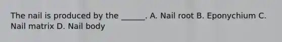 The nail is produced by the ______. A. Nail root B. Eponychium C. Nail matrix D. Nail body