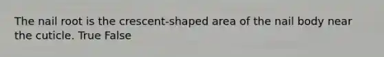 The nail root is the crescent-shaped area of the nail body near the cuticle. True False
