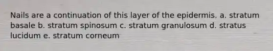 Nails are a continuation of this layer of <a href='https://www.questionai.com/knowledge/kBFgQMpq6s-the-epidermis' class='anchor-knowledge'>the epidermis</a>. a. stratum basale b. stratum spinosum c. stratum granulosum d. stratus lucidum e. stratum corneum