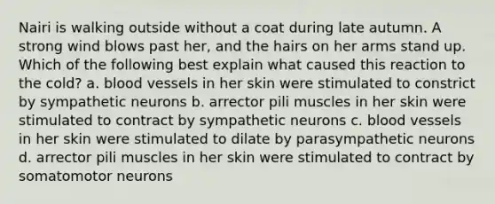 Nairi is walking outside without a coat during late autumn. A strong wind blows past her, and the hairs on her arms stand up. Which of the following best explain what caused this reaction to the cold? a. blood vessels in her skin were stimulated to constrict by sympathetic neurons b. arrector pili muscles in her skin were stimulated to contract by sympathetic neurons c. blood vessels in her skin were stimulated to dilate by parasympathetic neurons d. arrector pili muscles in her skin were stimulated to contract by somatomotor neurons