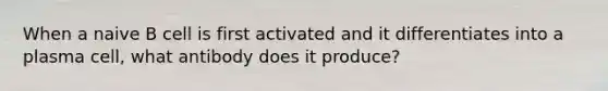 When a naive B cell is first activated and it differentiates into a plasma cell, what antibody does it produce?