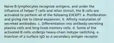 Naive B lymphocytes recognize antigens, and under the influence of helper T cells and other stimuli, the B cells are activated to perform all of the following EXCEPT: a. Proliferation and giving rise to clonal expansion. b. Affinity maturation of secreted antibodies. c. Differentiation into antibody-secreting plasma cells and long-lived memory cells. d. Some of the activated B cells undergo heavy-chain isotype switching. e. Insertion of a surface IgD as a secondary antigen receptor.