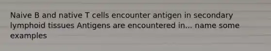 Naive B and native T cells encounter antigen in secondary lymphoid tissues Antigens are encountered in... name some examples