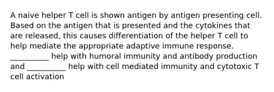 A naive helper T cell is shown antigen by antigen presenting cell. Based on the antigen that is presented and the cytokines that are released, this causes differentiation of the helper T cell to help mediate the appropriate adaptive immune response. __________ help with humoral immunity and antibody production and __________ help with cell mediated immunity and cytotoxic T cell activation