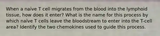 When a naïve T cell migrates from the blood into the lymphoid tissue, how does it enter? What is the name for this process by which naïve T cells leave the bloodstream to enter into the T-cell area? Identify the two chemokines used to guide this process.