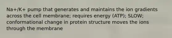 Na+/K+ pump that generates and maintains the ion gradients across the cell membrane; requires energy (ATP); SLOW; conformational change in protein structure moves the ions through the membrane