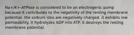 Na+/K+-ATPase is considered to be an electrogenic pump because it contributes to the negativity of the resting membrane potential. the sodium ions are negatively charged. it exhibits low permeability. it hydrolyzes ADP into ATP. it destroys the resting membrane potential.