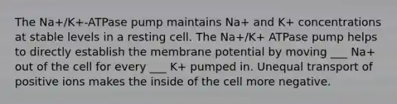 The Na+/K+-ATPase pump maintains Na+ and K+ concentrations at stable levels in a resting cell. The Na+/K+ ATPase pump helps to directly establish the membrane potential by moving ___ Na+ out of the cell for every ___ K+ pumped in. Unequal transport of positive ions makes the inside of the cell more negative.